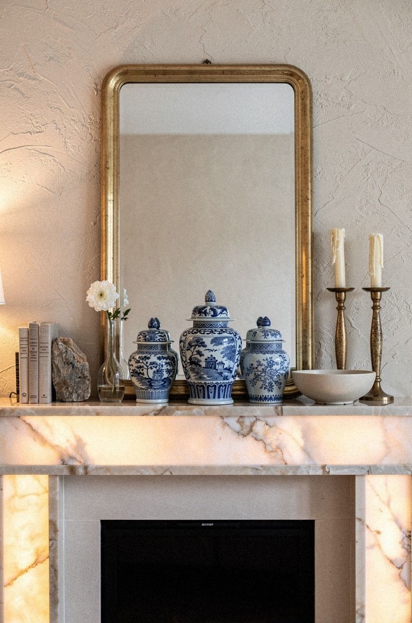 Centered blue-and-white jars beneath the frame