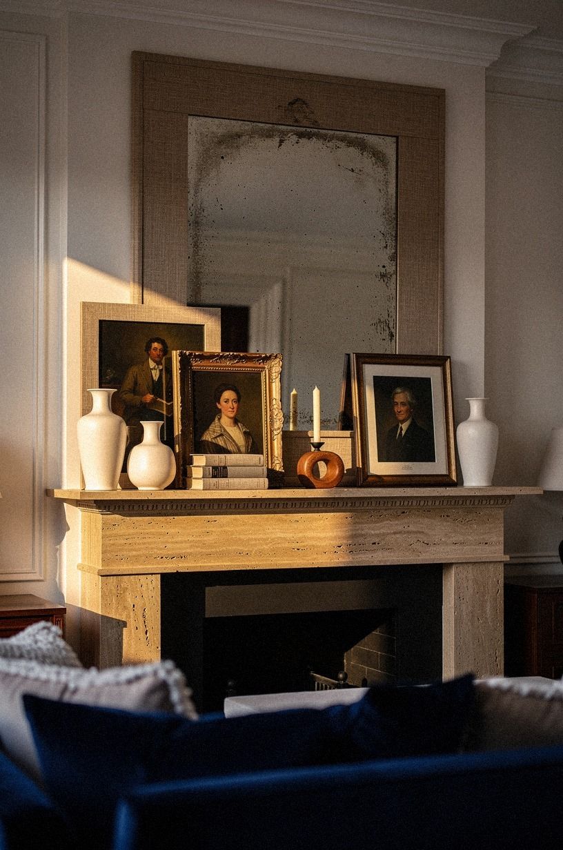 Layered small oil portraits against the mirror