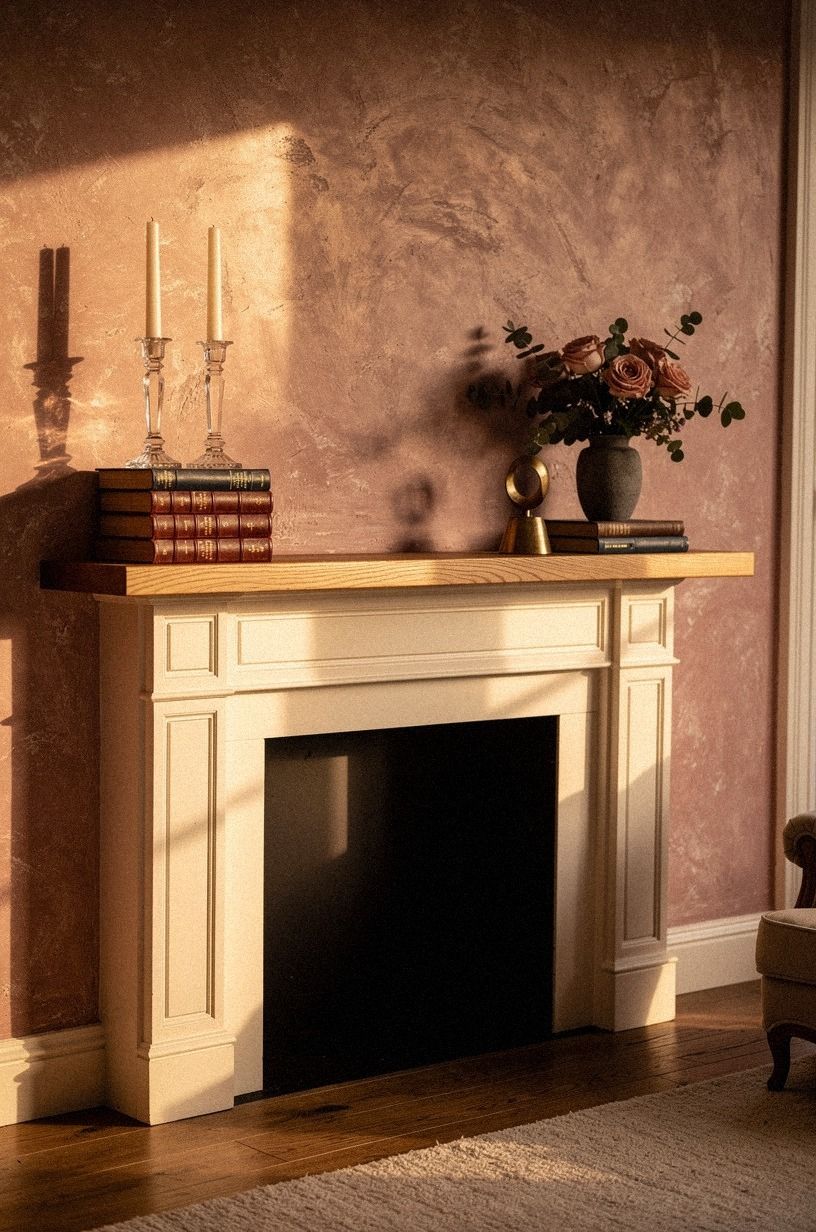 Stacked leather books under crystal candlesticks