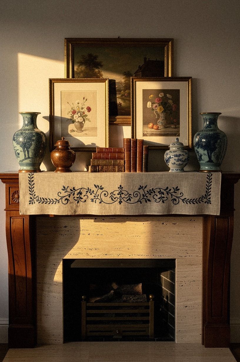 Drape an embroidered runner under the mantel lip