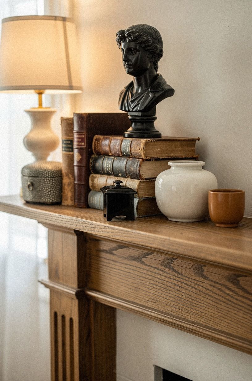 Display leather-bound books beneath a bronze bust