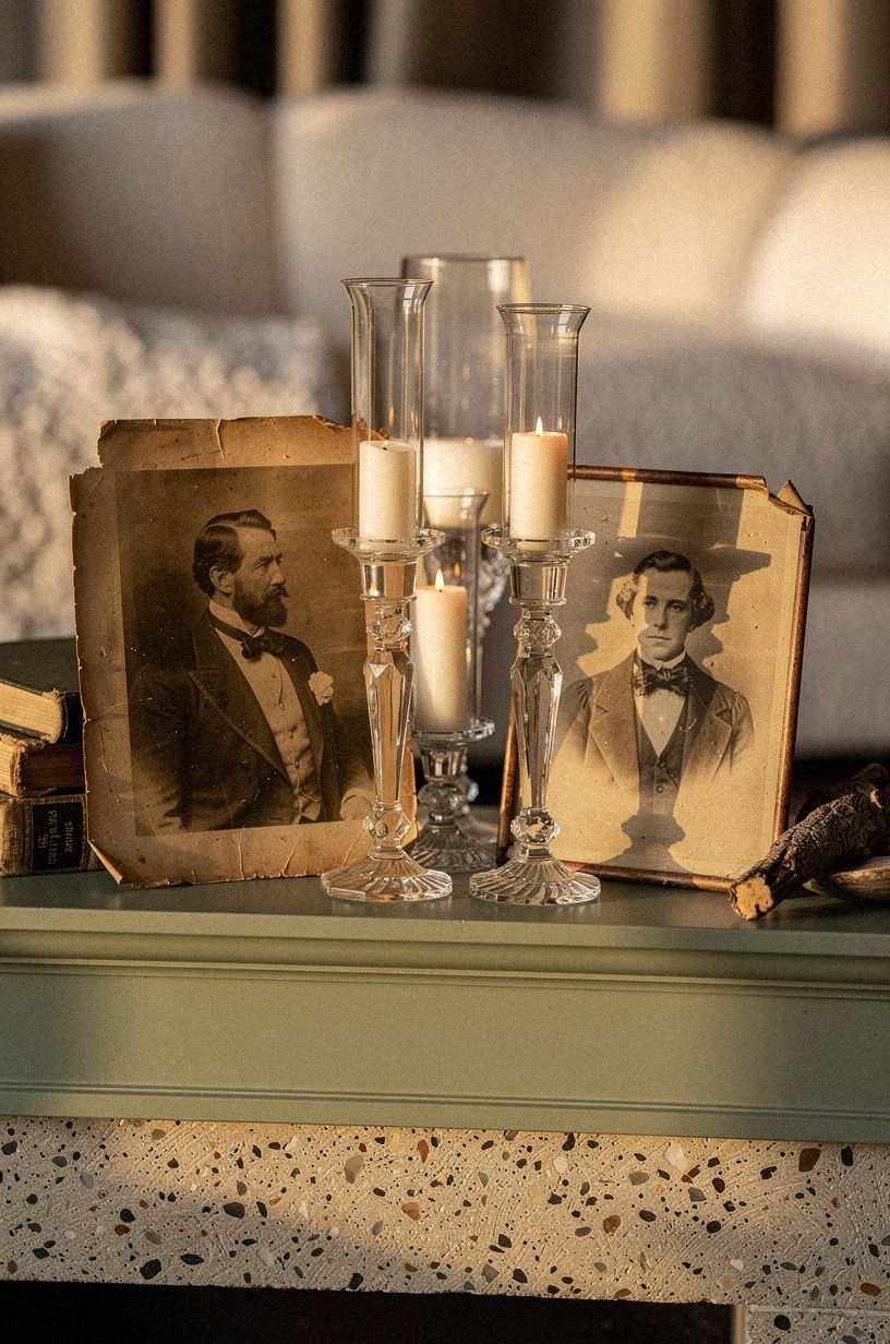 Layer sepia portraits beside crystal hurricane candles