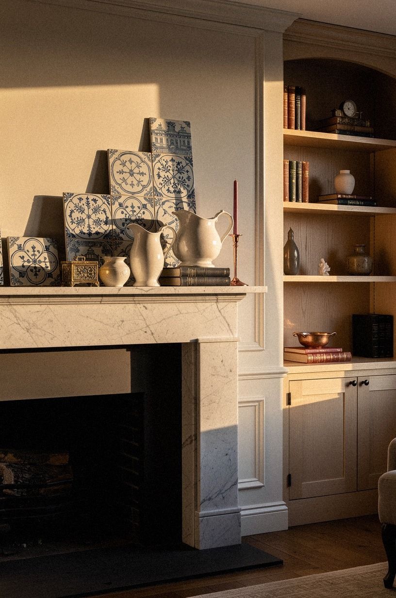 Mix Delft tiles with creamy ironstone pitchers