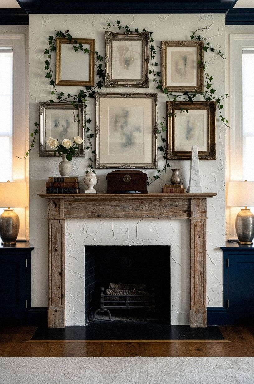 Trail ivy garland through tarnished picture frames