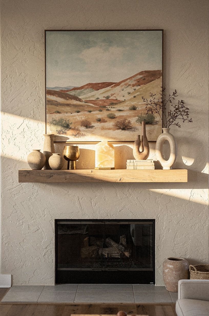 Anchor the shelf with desert landscape art