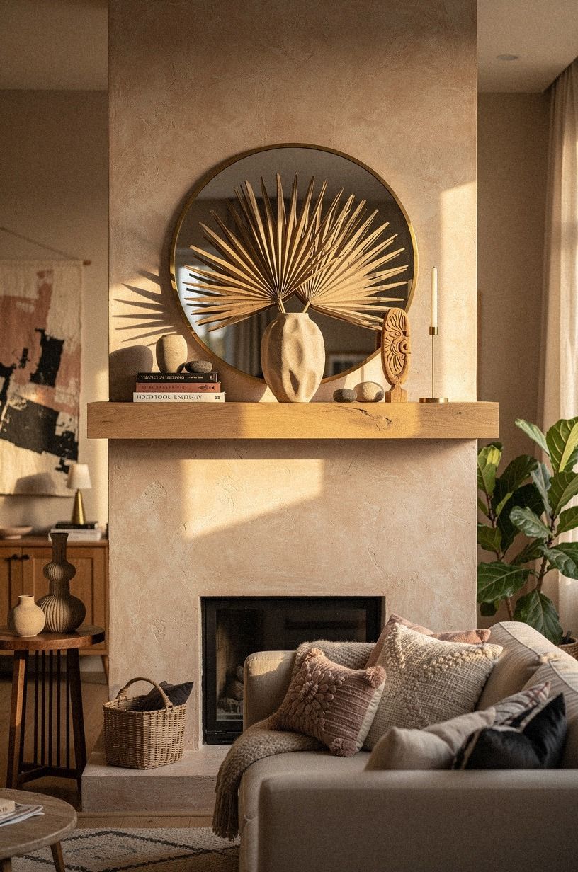 Place a round mirror behind dried palms