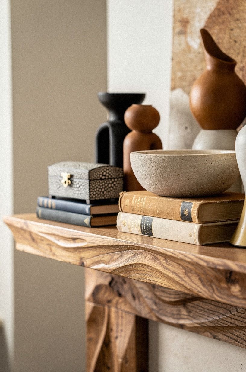 Stack vintage books under a stone bowl