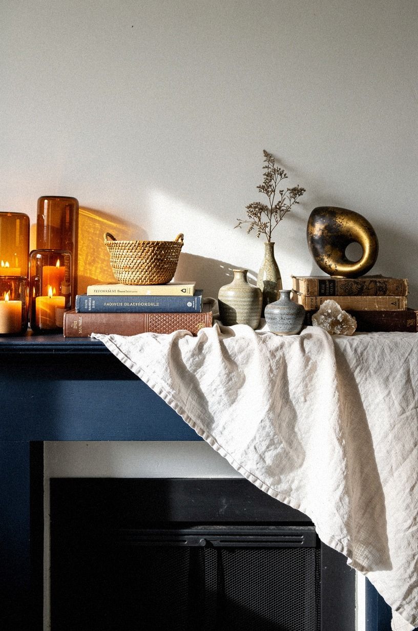 Cluster amber glass votives along one edge