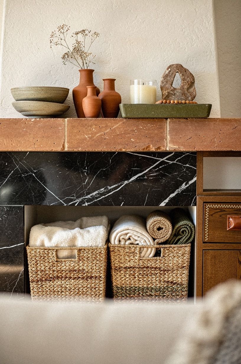 Frame the hearth with seagrass storage baskets