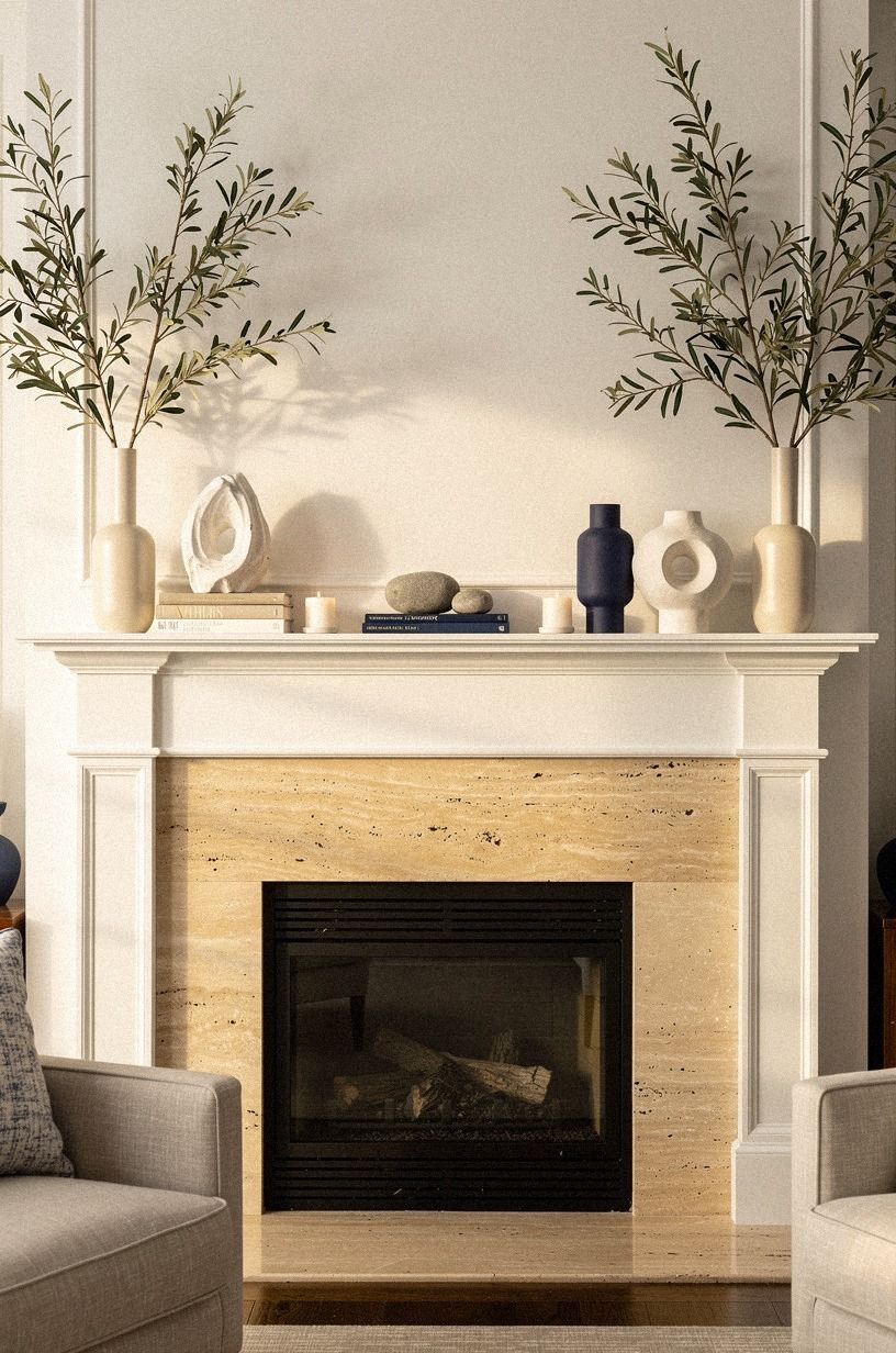 Frame the mantel with tall olive branches