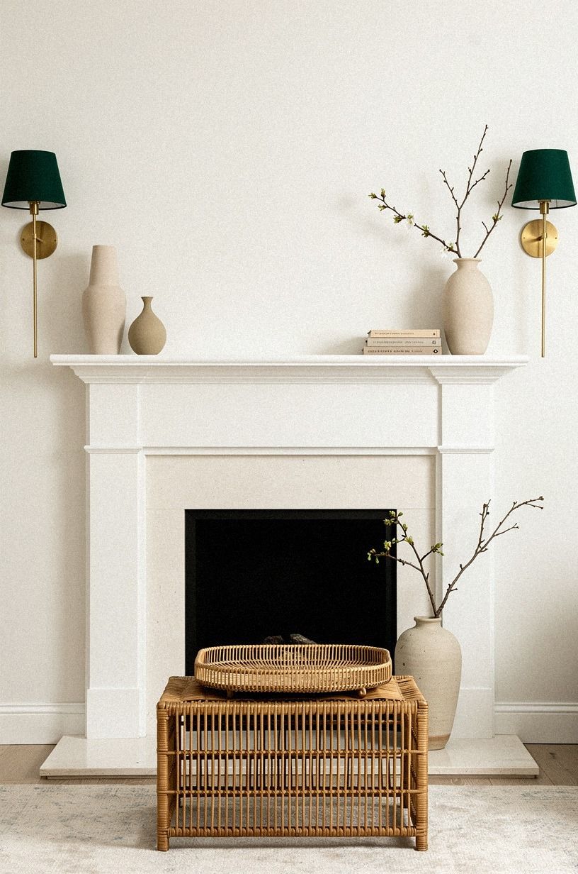 Install brass sconces beside the fireplace surround
