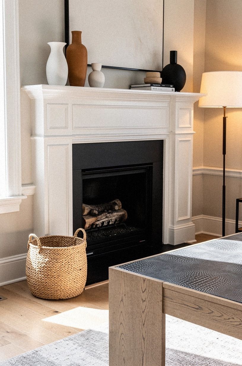 Add a woven basket beside the hearth