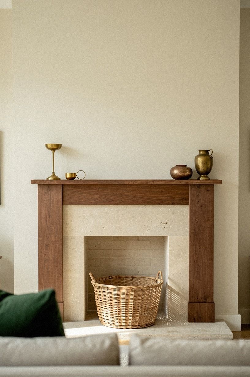Stain the mantel walnut against pale stone