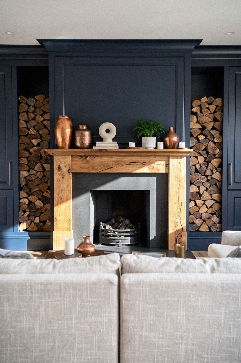 Flank the mantel with built-in firewood niches