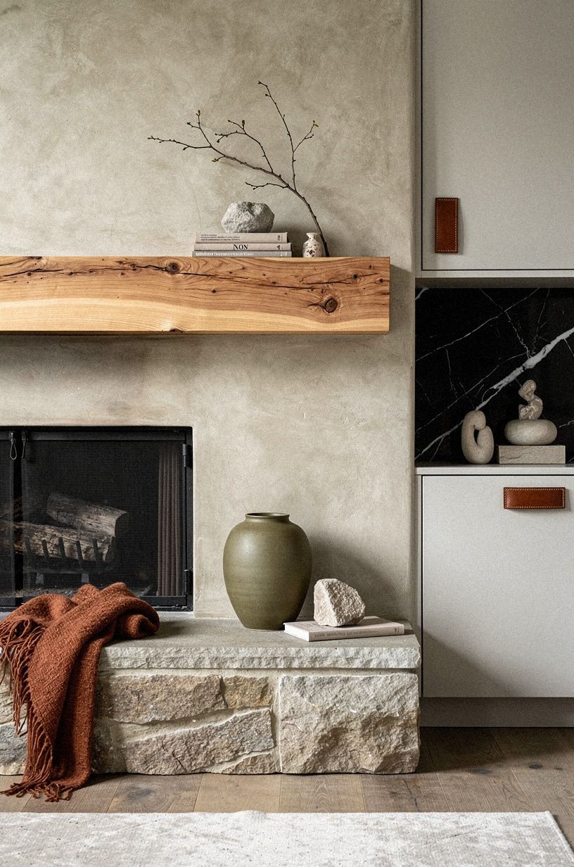 Brush limewash around a raw cedar mantel