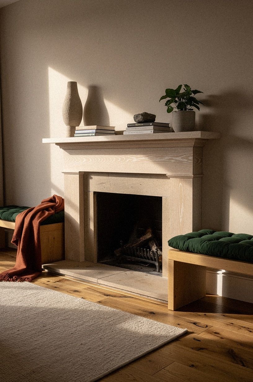 Frame the hearth with matching timber benches