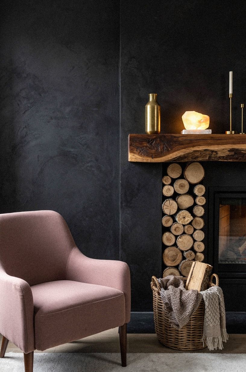 Style stacked logs under a live-edge mantel