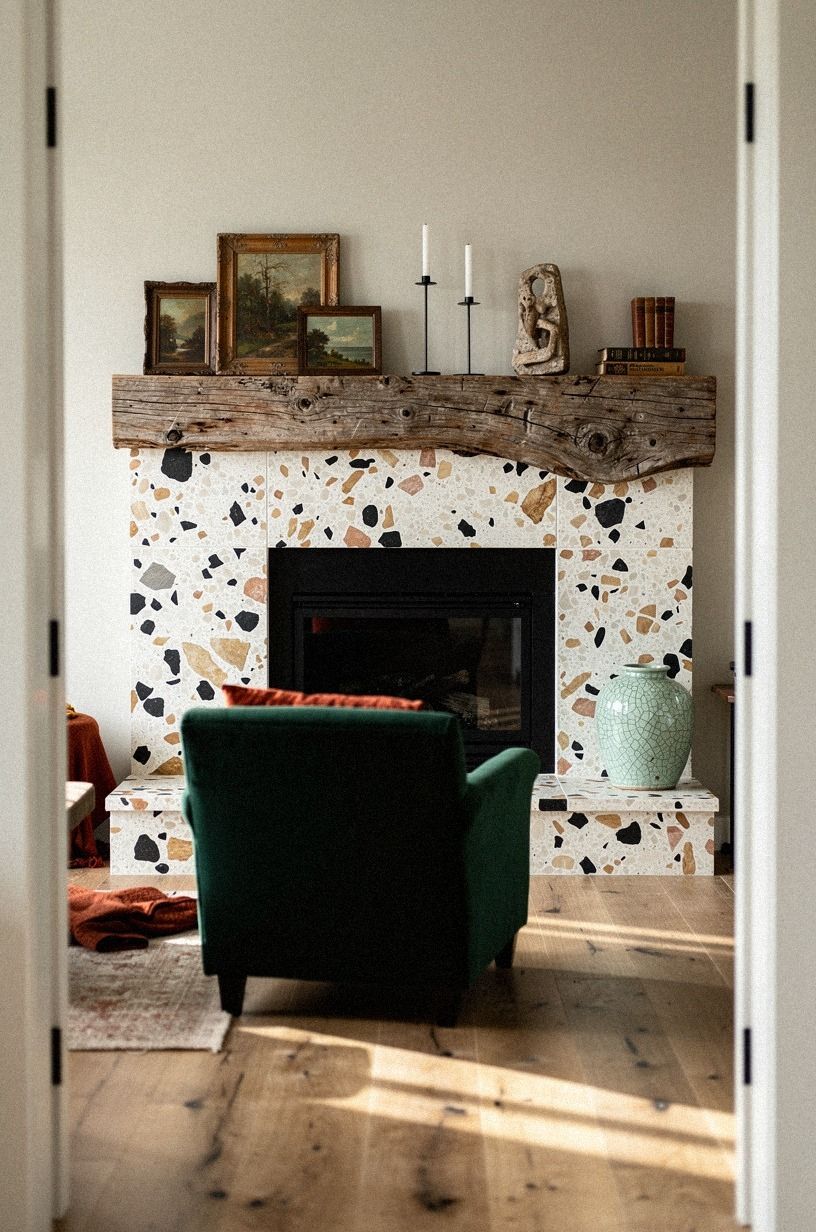 Lean vintage landscapes beside black iron candlesticks