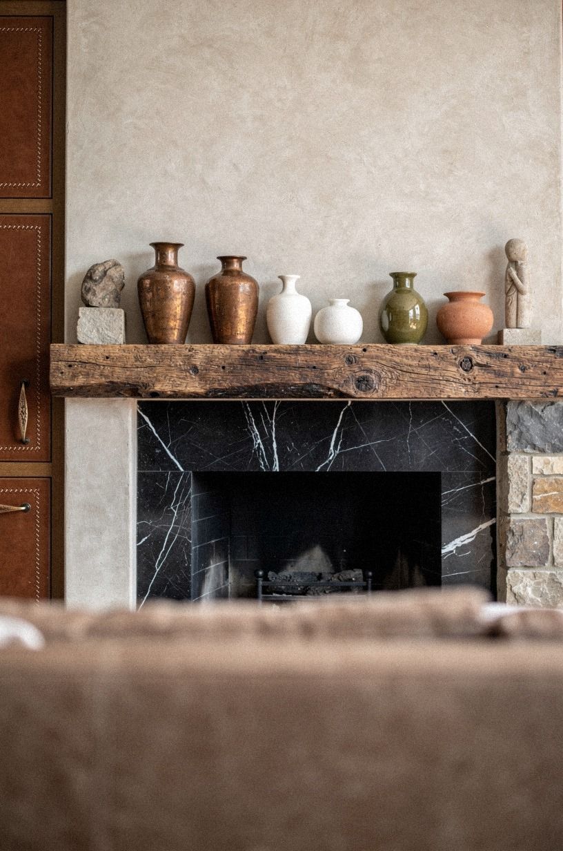 Mix aged copper vessels with cream ceramics