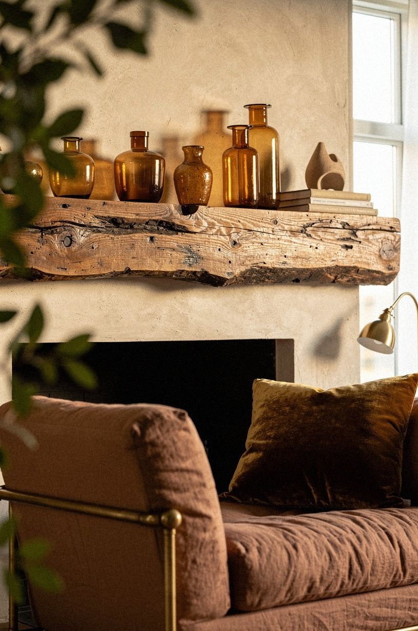 Style amber glass across the mantel shelf