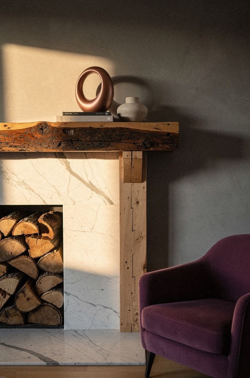 Tuck firewood under a floating slab mantel