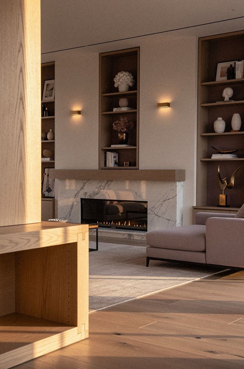 Finish with warm sconces beside built-ins