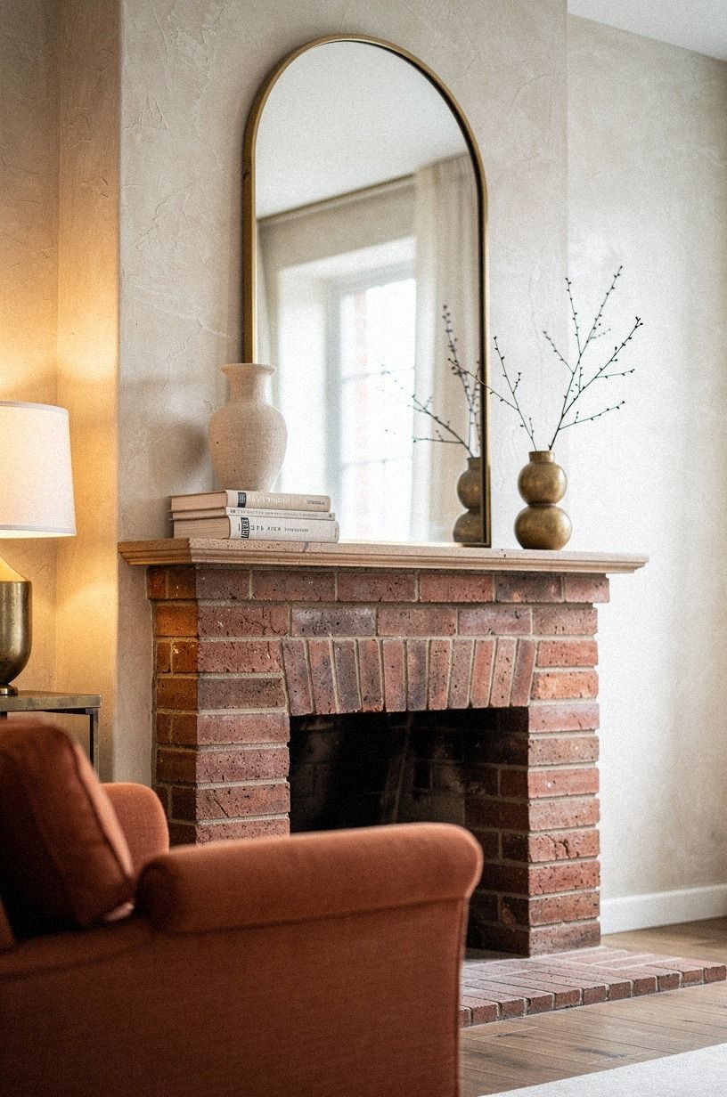 Center an arched mirror over red brick