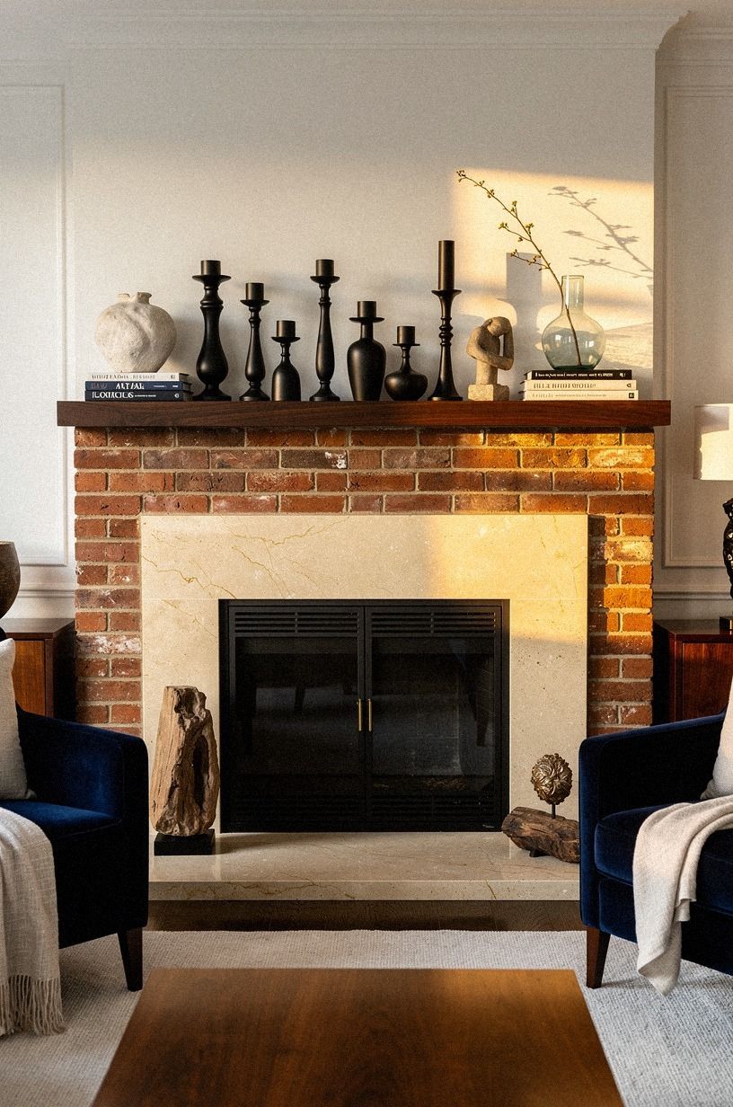 Layer black candlesticks across the brick ledge