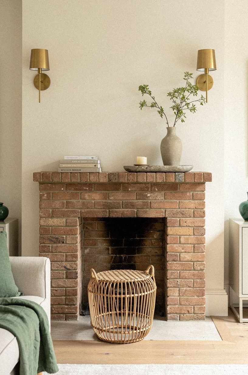 Mount brass sconces beside the brick surround