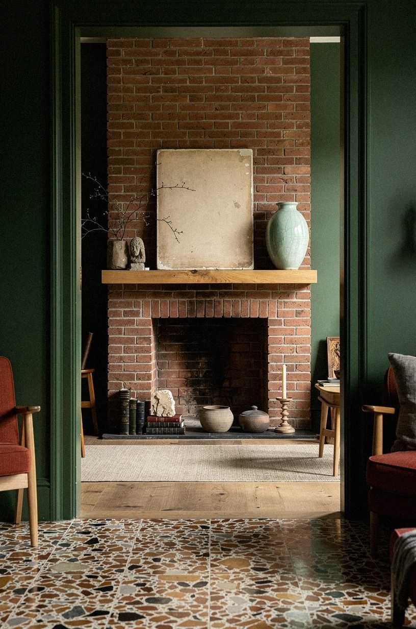 Lean vintage artwork against the mantel shelf
