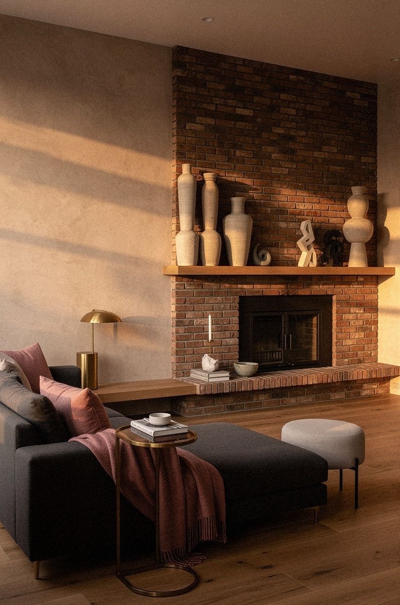 Frame the firebox with stacked ceramic vases
