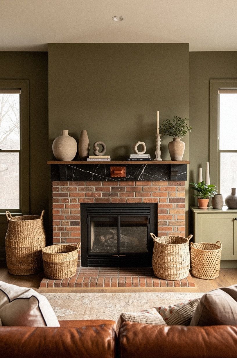 Style woven baskets beside the brick hearth
