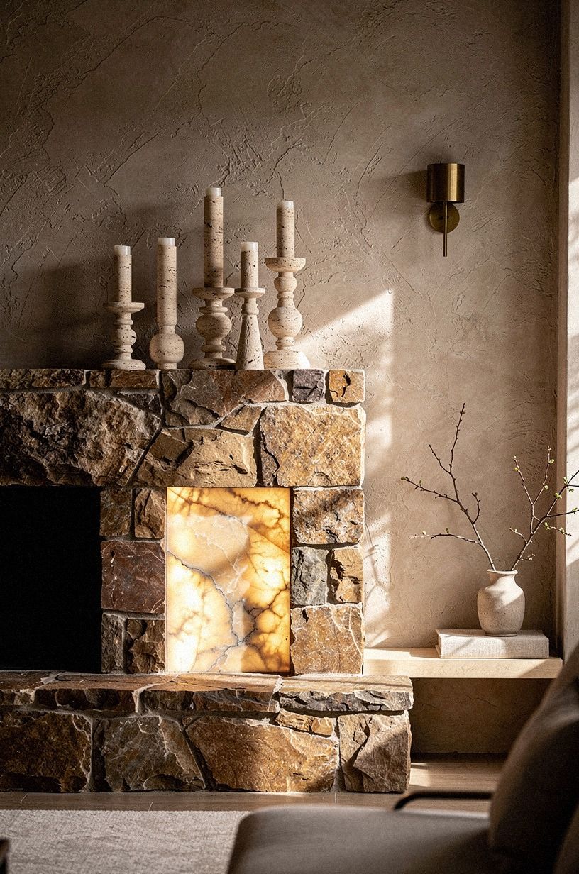 Stack travertine candlesticks across the mantel (The Three-Height Light Stack)