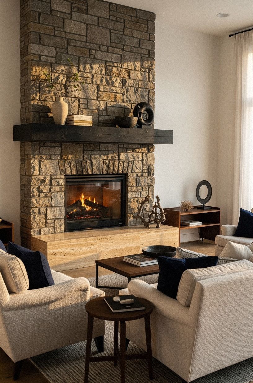 Float a blackened wood beam over fieldstone (The Cabin-Meets-City Balance)
