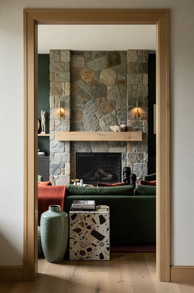 Tuck brass sconces into the stone columns (The Wall-Wash Effect)