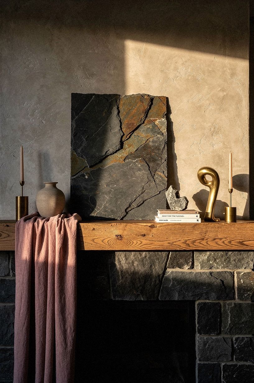 Layer slate artwork on the mantel ledge (The Dusty-Rose Slate Mix)