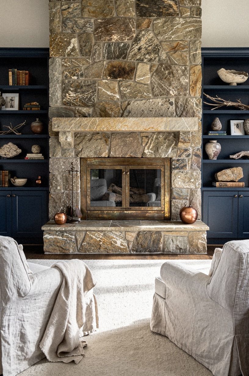 Run soapstone slabs around the firebox (The Quiet Dark Frame)