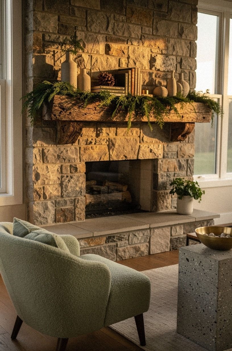 Drape cedar garland under the stone lip (The Soft-Under-Sleeve)