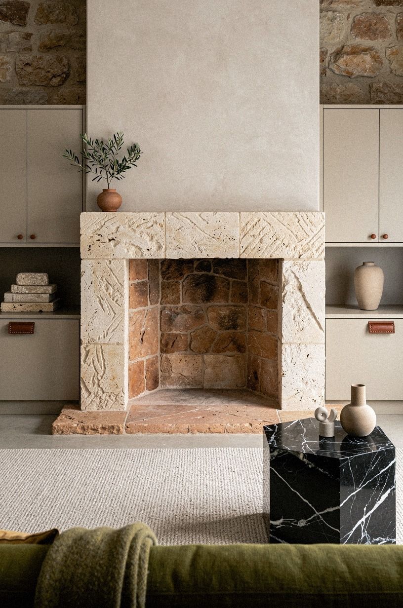 Frame the hearth with carved limestone blocks (The Cut-Edges Anchor)