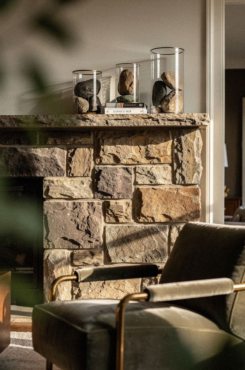 Style river rocks in oversized glass hurricanes (The Quiet-Height Move)