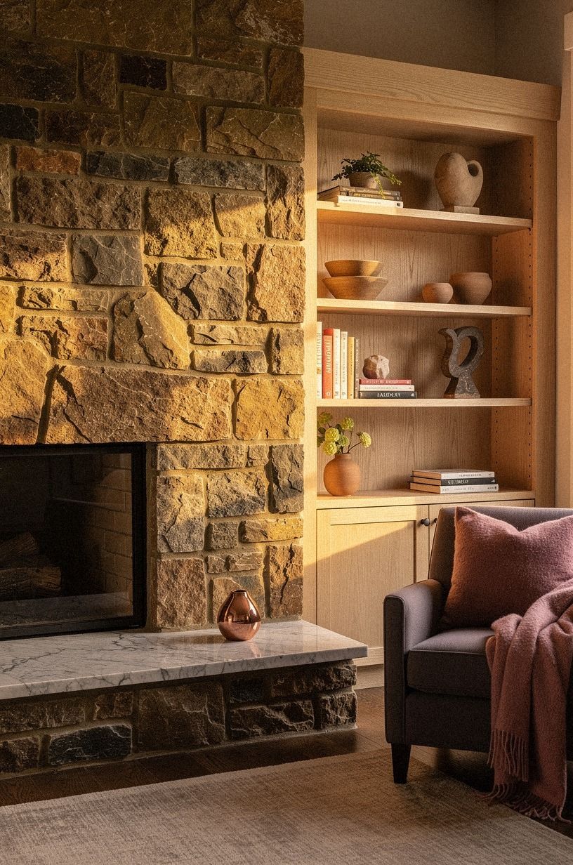 Wash the stone surround in warm lime paint (The Soft Warmth Lift)