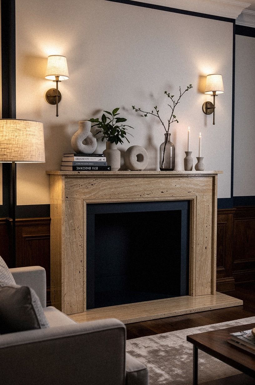 Hang sconces beside the faux mantel frame