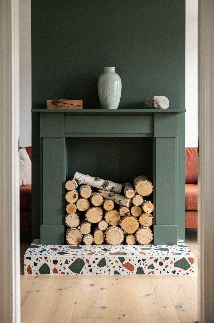 Style the opening with stacked birch logs