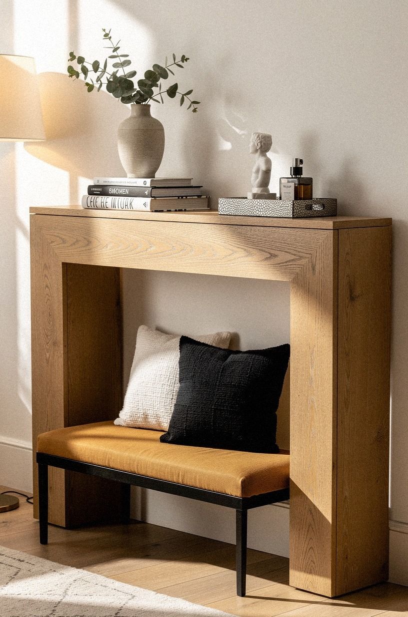 Add a slim bench below the mantel