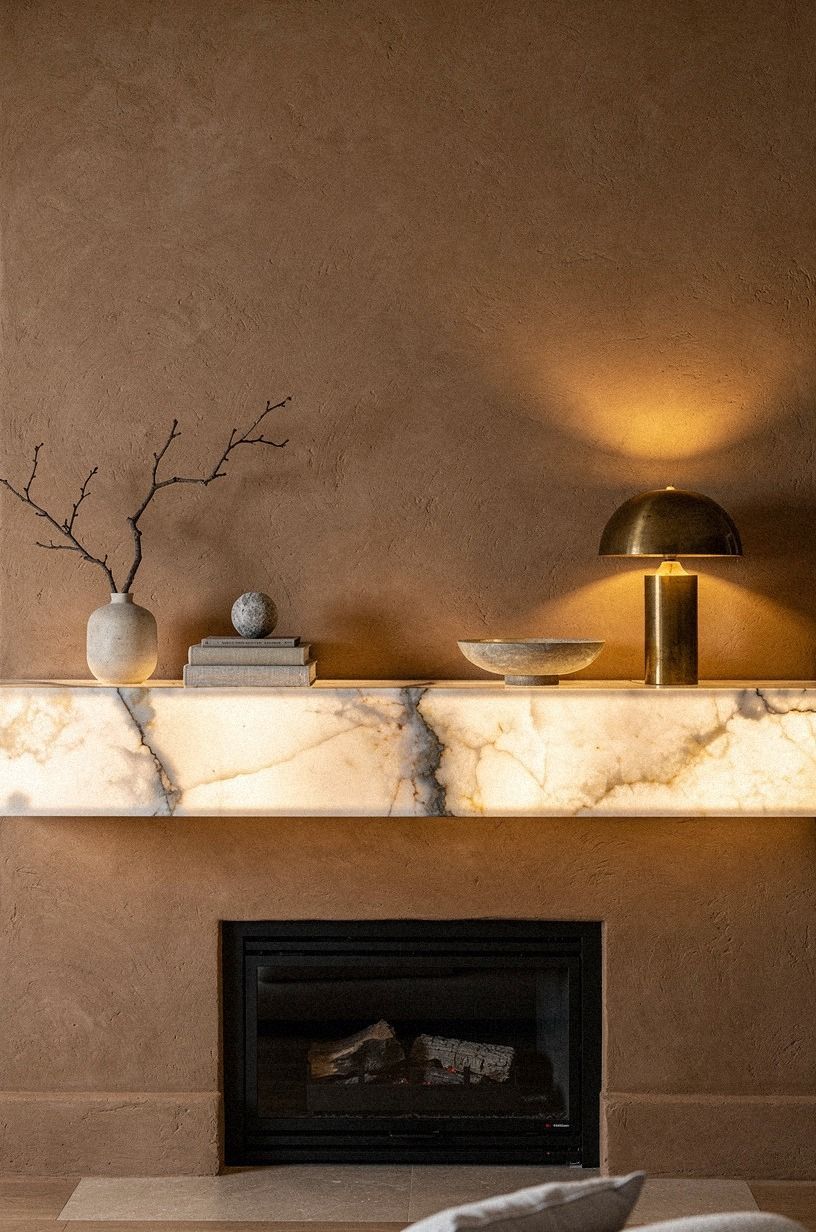 Run a stone shelf wall to wall across the chimney