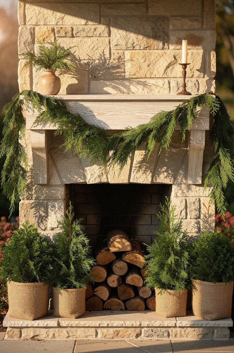 Style the hearth with potted evergreens