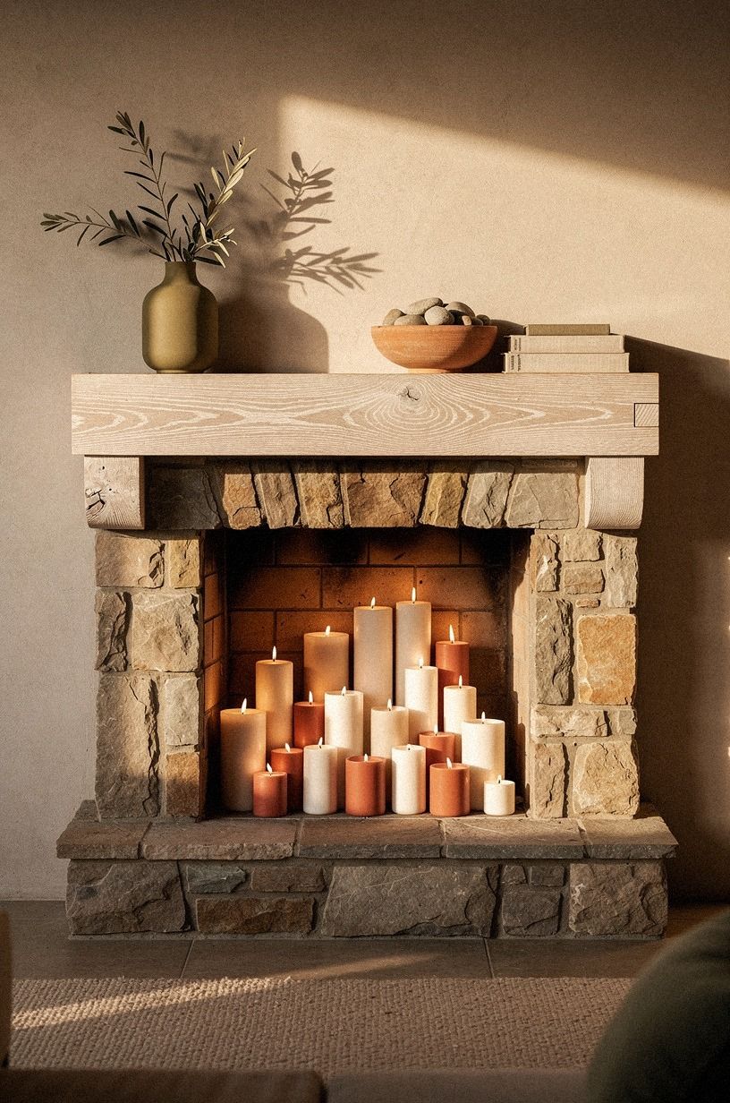 Cluster pillar candles inside the empty firebox