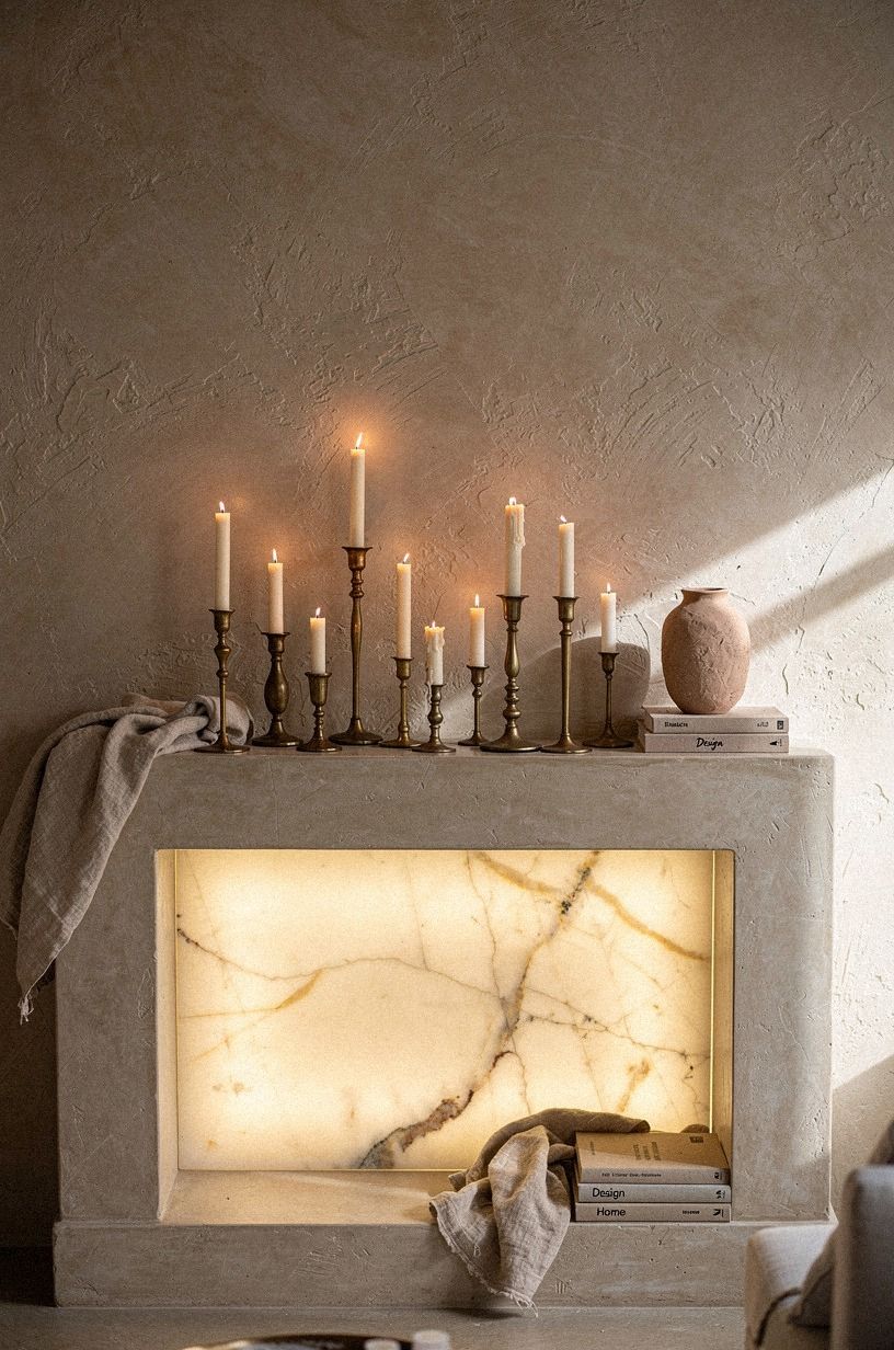 Line the mantel with mismatched brass candlesticks