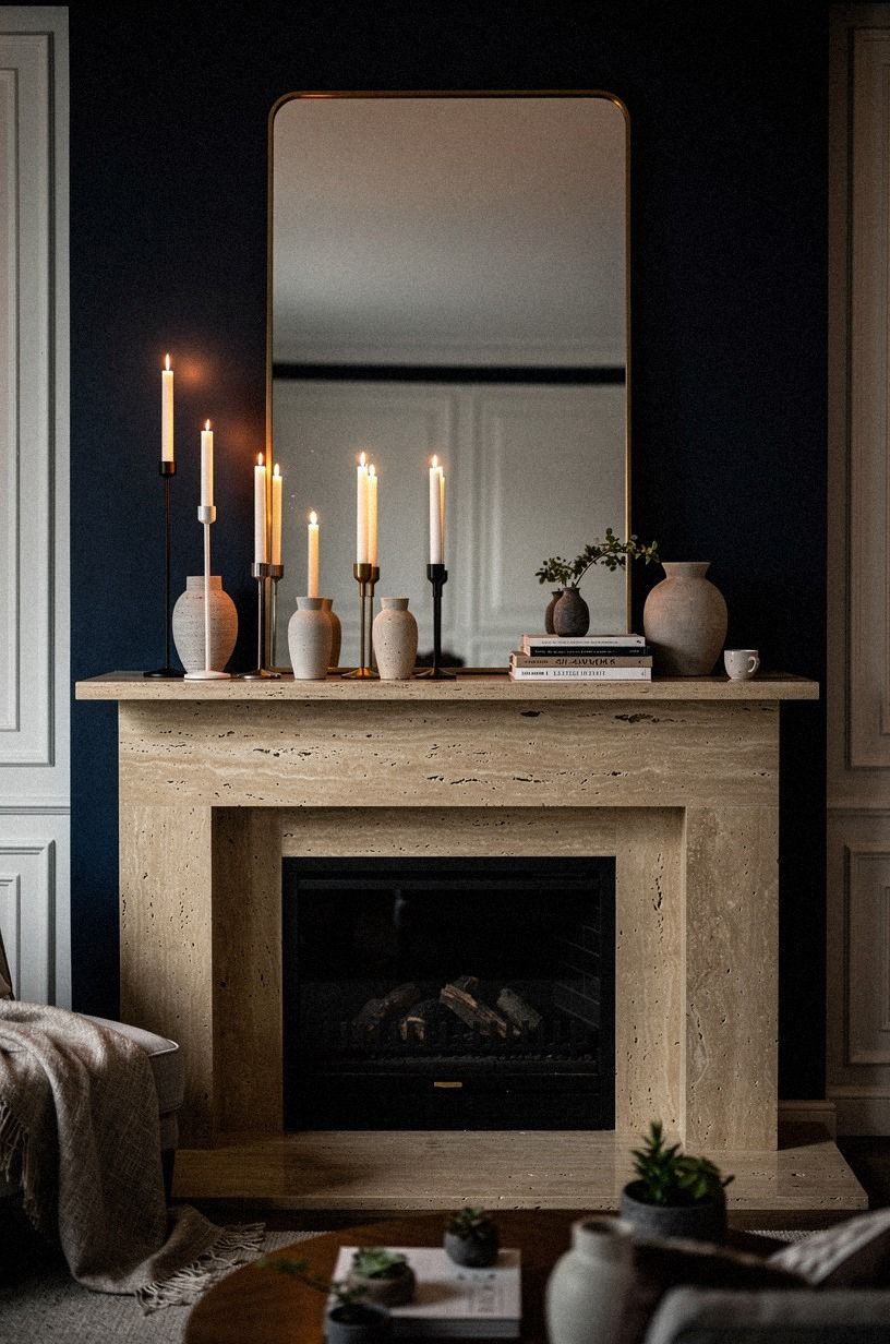 Stagger taper candles beside a leaning mirror