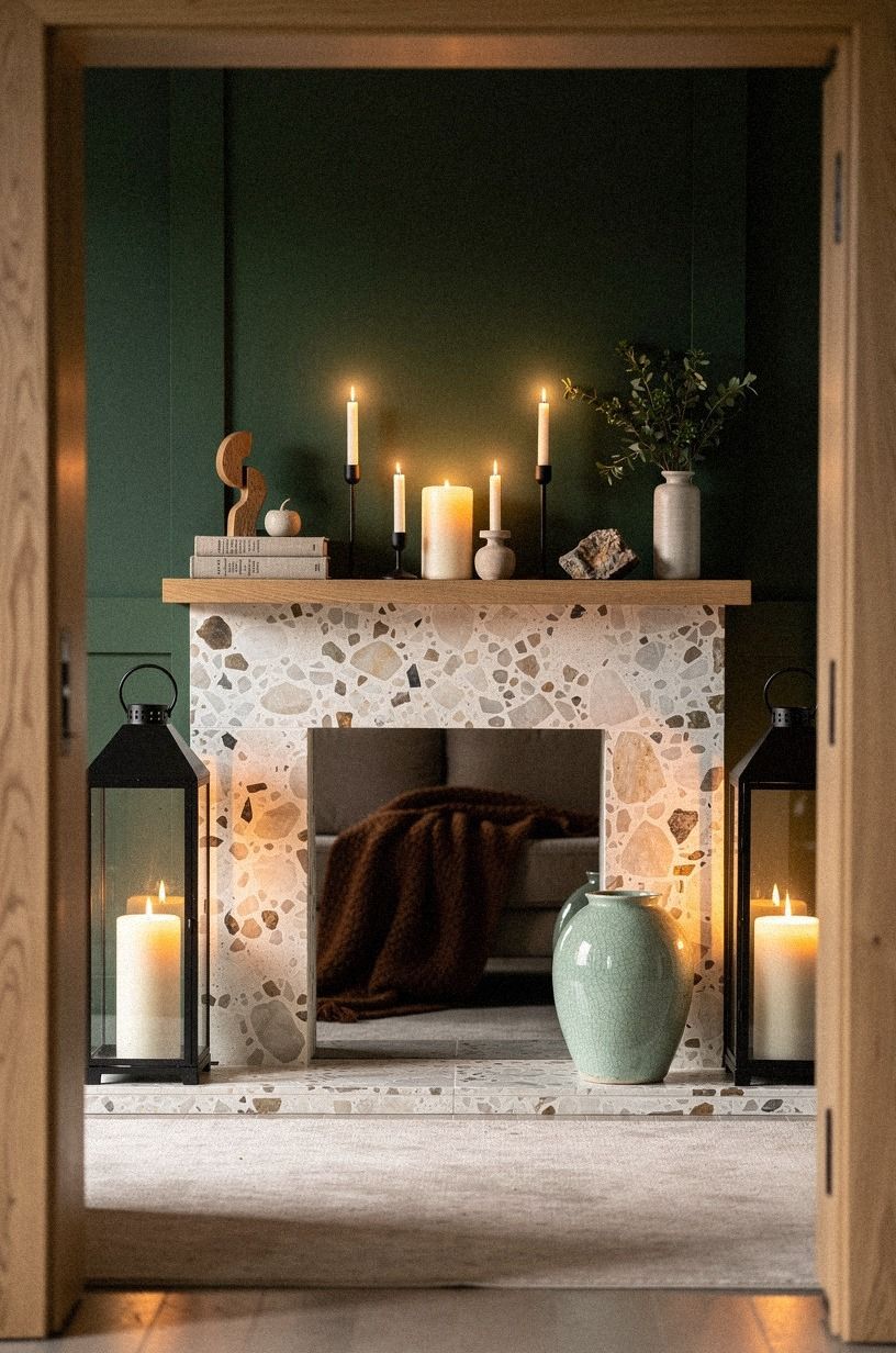 Frame the hearth with oversized floor lanterns